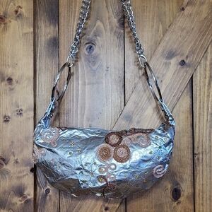Silver and Brown Embroidered  Metalic Shoulder Bag